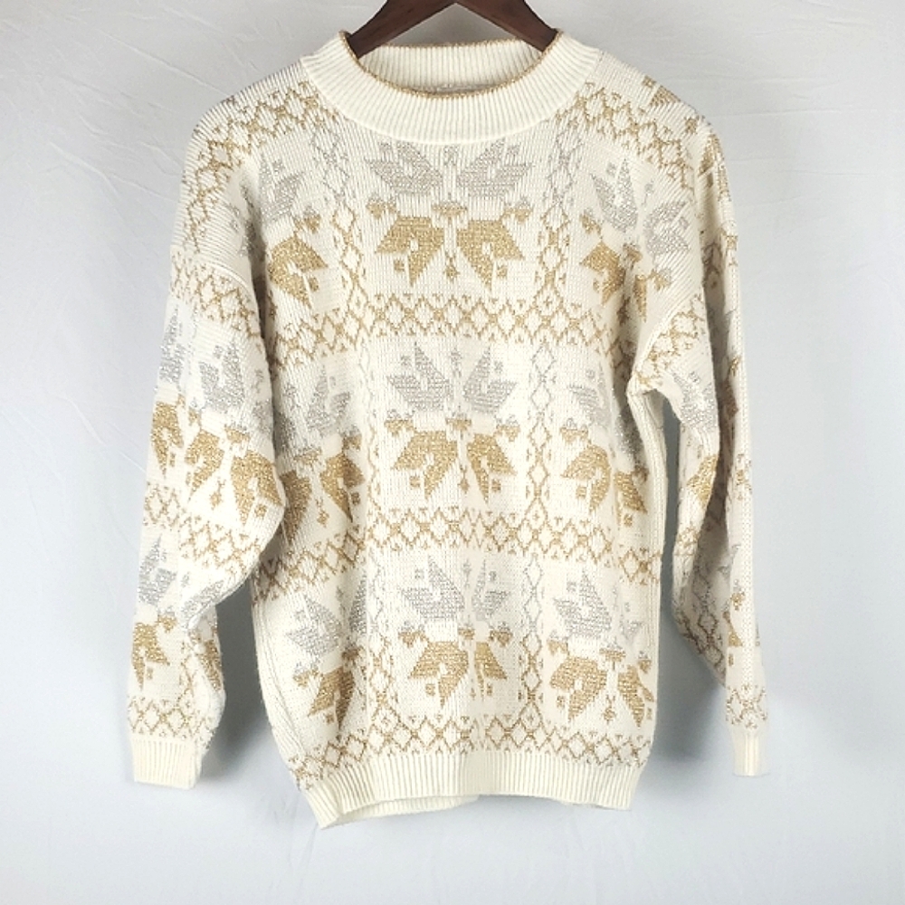 Vintage Silver Gold Snowflake Holiday Sweater